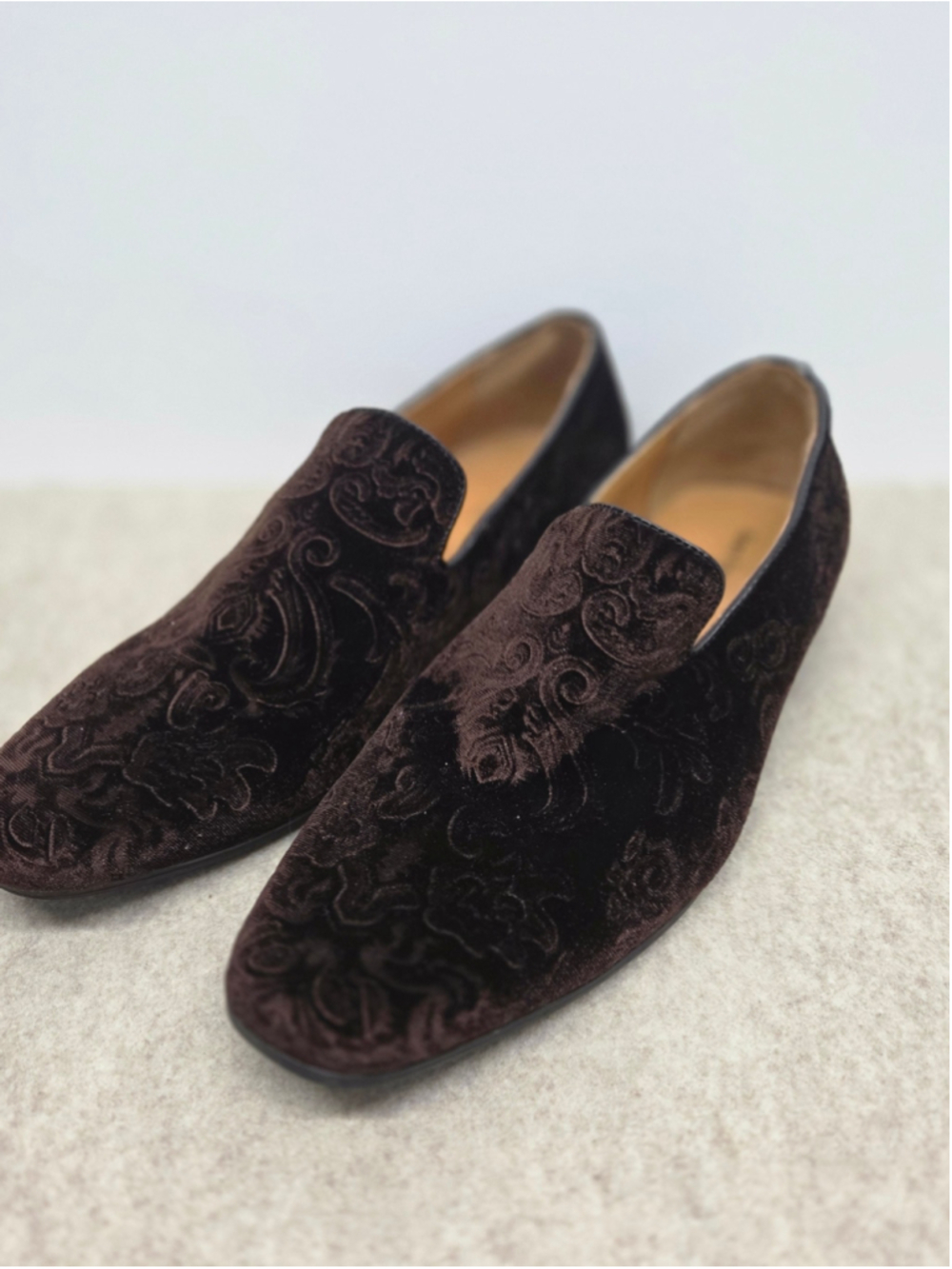 Henry Ferrera Manzi Men’s Velvet Smoking Loafers Slippers Brown Paisley Size 9.5